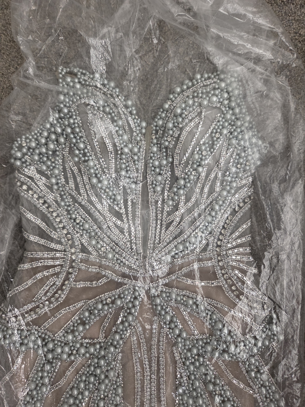 Embellished Silver & Sheer Pearl and Crystal Evening Dress